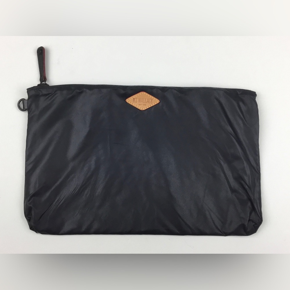 MZ Wallace Large Black Accessory Pouch Bag Leather Logo & Pull Leather 12" x 8”